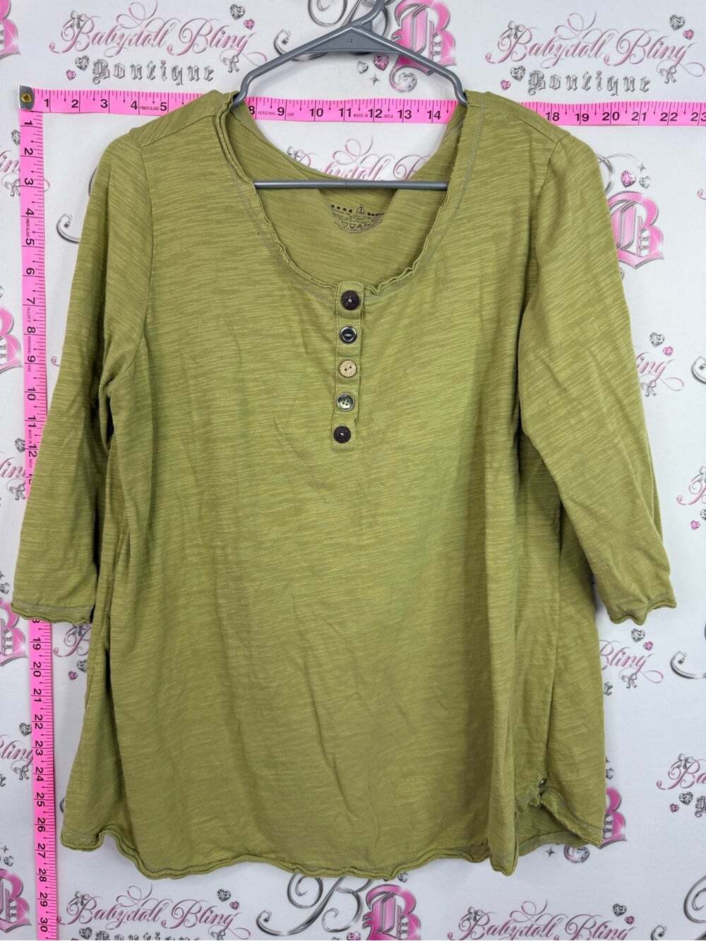 neon buddha Olive Green Henley Button Scoop Neck Women's Top